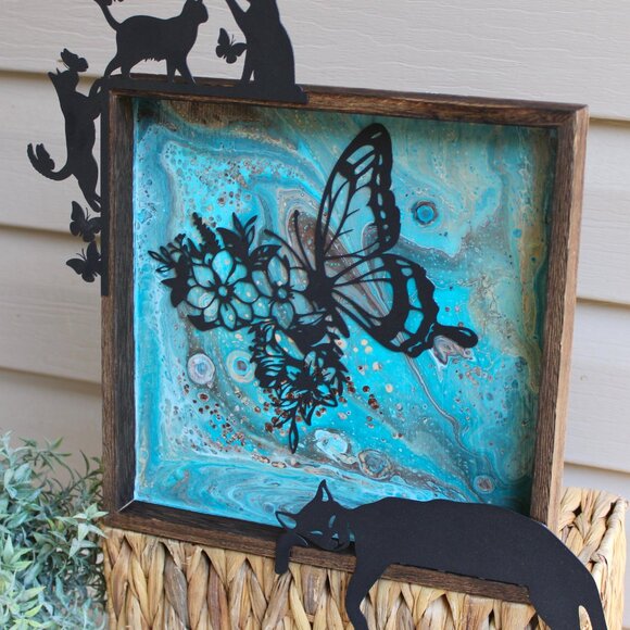 Decorative Wall Art with Cats and Butterfly Acrylic Paint Pour Decorative 10.5" - Picture 3 of 5